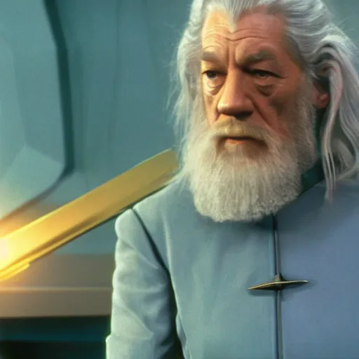 Image similar to A still of Gandalf as Captain Kirk on Star Trek, sharp focus, high quality, 4k