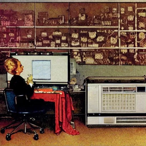 Prompt: A woman using a huge analog computer that takes up an entire room , art by Norman Rockwell