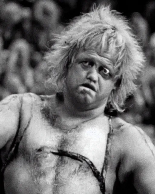 Prompt: film still close - up shot of boris johnson as a wrestler from the movie monty python's the meaning of life. photographic, photography