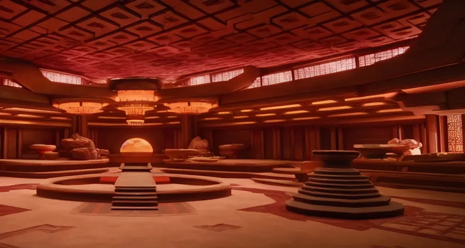 Image similar to An establishing shot from a 2021 Marvel film of the interior of an opulent a fantasy palace designed by Frank Lloyd Wright. Incredibly beautiful.