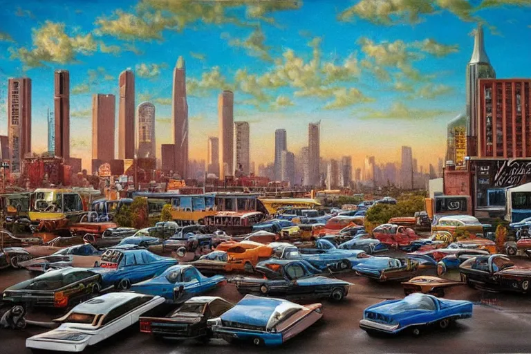 Image similar to 4 k hyper realistic oil painting of 1 9 8 0 s city with old cars and a big speaker array in the sky booming heavy metal music, detailed painting in the style of axel aabrink