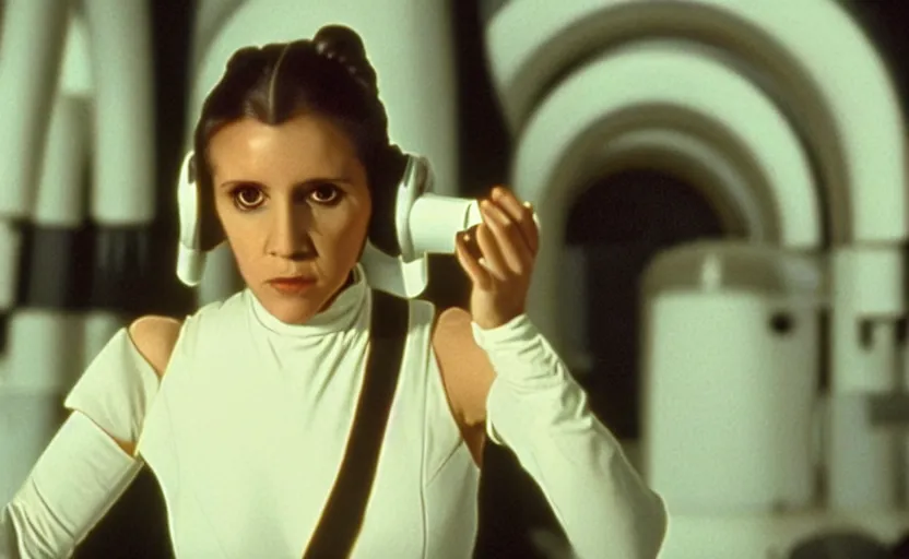 Prompt: screenshot of Princess Leia by herself, training to use a yellow lightsaber at a new desolute Jedi Temple, iconic scene from The Force Awakens the 1970s film directed by Stanley Kubrick, stunning cinematography, hyper-detailed, crisp, sharp, anamorphic lenses, kodak color film stock, 4k