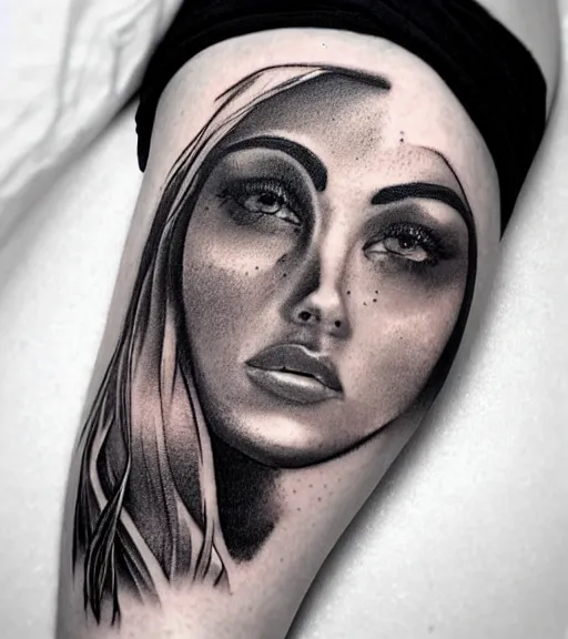 Image similar to a beautiful woman face in front of a background of beautiful mountains, tattoo design sketch, amazing blend effect, hyper - realistic, in the style of matteo pasqualin, amazing detail, black and white