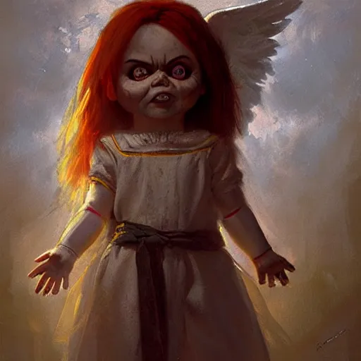 Image similar to the doll chucky as the angel seraphim according to the prophet isaiah, oil painting, by greg rutkowski