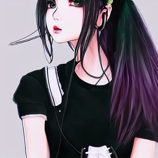 Image similar to realistic beautiful gorgeous natural cute Blackpink Lalisa Manoban black hair fur black cat ears, wearing white camisole summer outfit, headphones, black leather choker artwork drawn full HD 4K highest quality in artstyle by professional artists WLOP, Aztodio, Taejune Kim, Guweiz on Pixiv Instagram Artstation