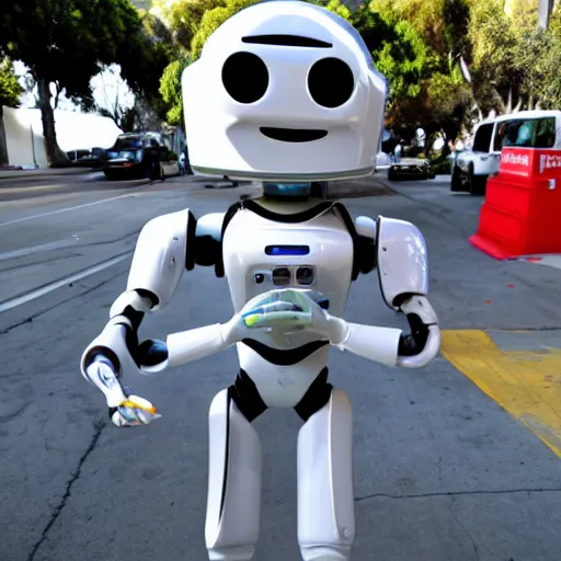 Prompt: LOS ANGELES CA, JUNE 7 2026: One of the most incredible helpful happy robots that emerged from the future-technology-portal.