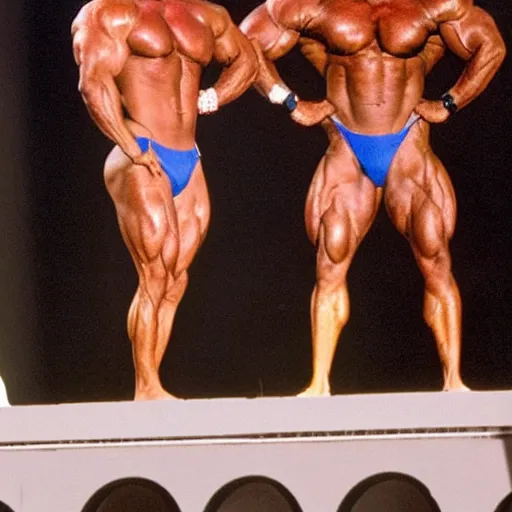 Prompt: Donald Trump competing in Mr. Olympia. Huge muscular steroid body