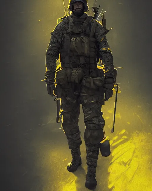 Prompt: badass brave Ukranian soldier, Ukranian flag, yellow, blue. dramatic lighting, cinematic, establishing shot, extremely high detail, photorealistic, cinematic lighting, artstation