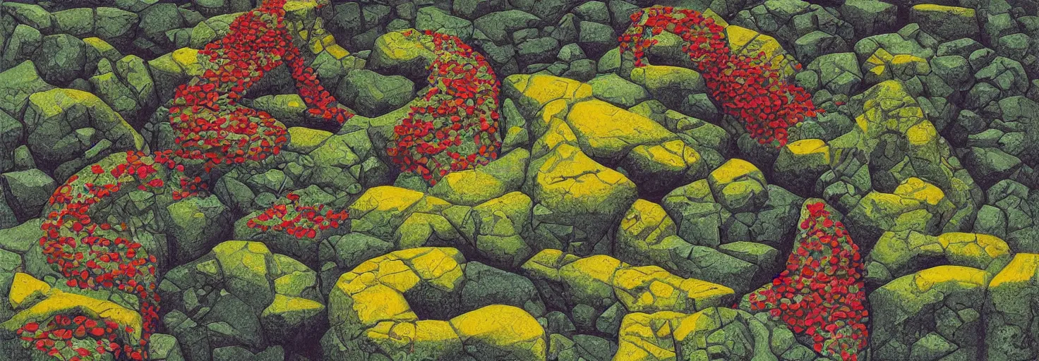 Image similar to a rock garden by m. c. escher, yellow, green, red, snowy, ultra sharp, ultra detailed, cyberpunk, happy, uplifting, colorized by salvador dali