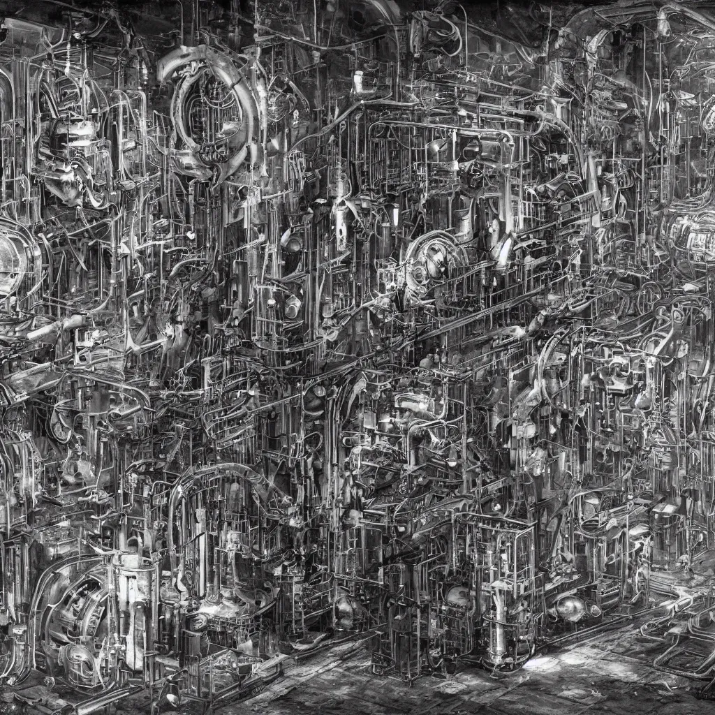 Prompt: abandoned laboratory from 1 9 3 0 s century - first - generation vacuum - tube computers - eniac - colossus - enigma - inside u - boat - metal pipes - obsolete technology - high resolution - 4 k - dark atmosphere - high contrast - retro futuristic - detailed artwork - art by hans giger