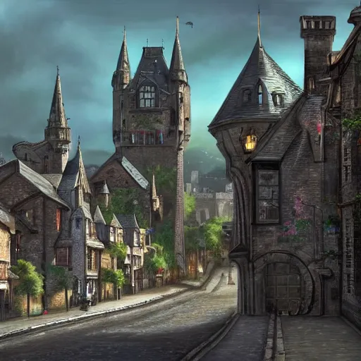 Prompt: elegant fantasy capital city, in the foreground sprawling houses and shops lining the crowded streets. in the background is a large stone castle with several tall spires. view from the ground looking from a street towards the castle. realistic, highly detailed painting concept art style 4 k
