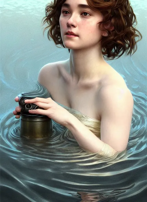 Image similar to full body portrait of a woman with short wavy hair, round face, cottagecore!!, lake water, submerged!!!, intricate, enlightened, highly detailed, digital painting, artstation, concept art, smooth, sharp focus, illustration, art by artgerm and greg rutkowski and alphonse mucha