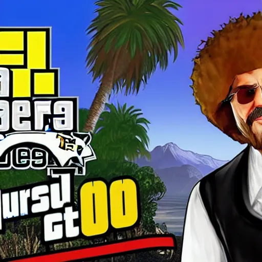 Prompt: Bob Ross as a character in GTA V, cell shaded loading screen art