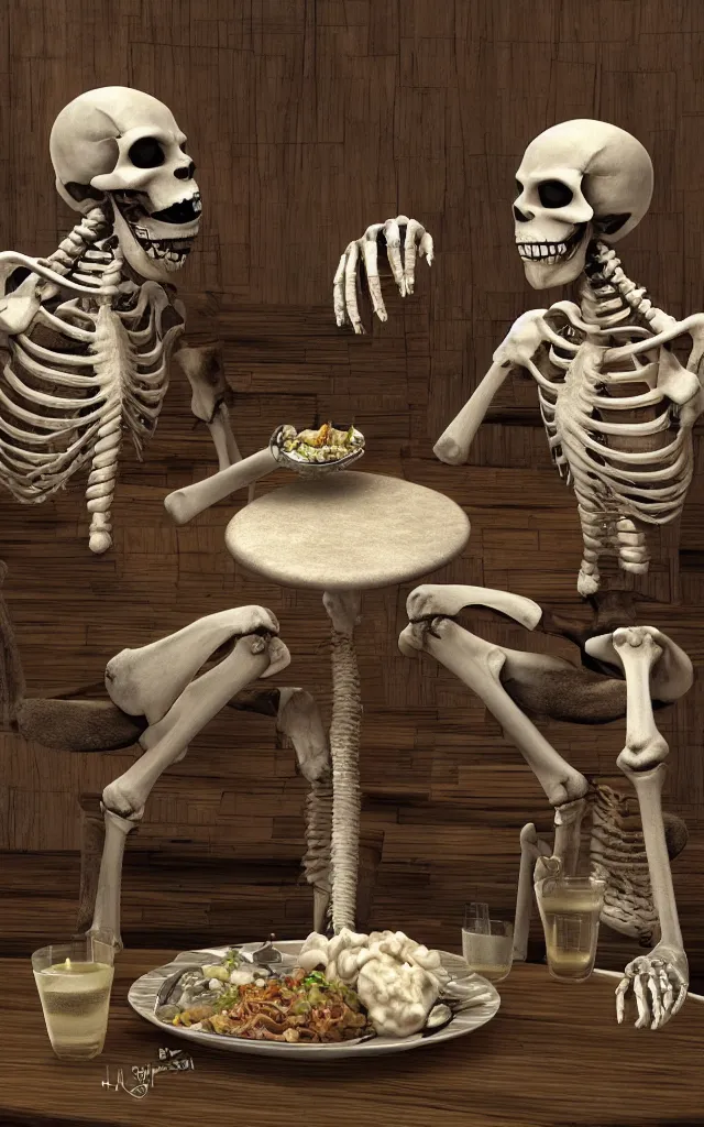 Prompt: two skeletons eating together during a night fantasy, 2010s daz 3d studio, renderosity, detailed