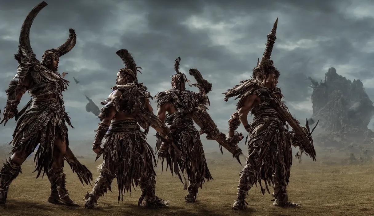 Prompt: panorama photo of two ancient tribesman in armor from monster hunterin the distance, they have futuristic weapons and stands in front of attacking barbarian horde in the background, back shot, muscular bodies, dramatic lighting, cinematic, establishing shot, extremely high detail, photorealistic, 300 the movie,monster hunter the movie, monster hunter, cinematic lighting, artstation, octane render, western,old photo, vintage