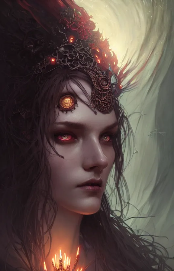 Image similar to Necromancer Sorceress face close-up macro in center, fantasy magic, undercut hairstyle, dark light night, intricate, elegant, sharp focus, illustration, highly detailed, digital painting, concept art, matte, art by WLOP and Artgerm and Greg Rutkowski and Alphonse Mucha, masterpiece