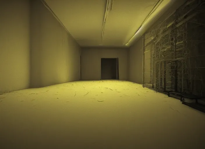 Image similar to man in a luminous yellow [ liminal room ]!!, 4 k photorealism, horror - esque, eerie atmosphere, dark - bright lighting