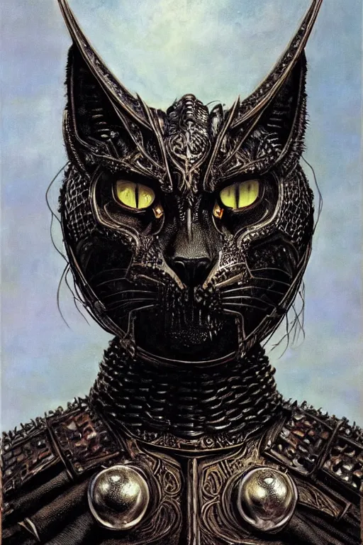 Image similar to head and shoulders portrait of an eldritch knight, tabaxi, black cat, anthropomorphic, male, breastplate, magical, high fantasy, d & d, by donato giancola, face details, extremely detailed, vogue fashion photo