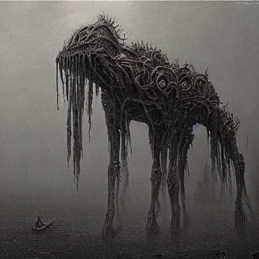 Image similar to ancient gear beast beksinski, eldritch, apocalypse, creepy creature, horror spooky