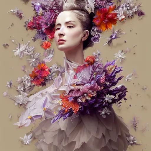 Prompt: 3 / 4 view of a beautiful girl wearing an origami dress, eye - level medium shot, fine floral ornaments in cloth and hair, hummingbirds, elegant, by eiko ishioka, givenchy, andrew atroshenko, by peter mohrbacher, centered, fresh colors, origami, fashion, detailed illustration, vogue, japanese, reallusion character creator