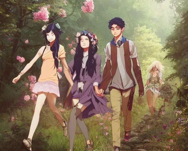 Image similar to a cinematic boy girl traditional romance moment of a group of university friends dressed as different animals hiking wearing boho clothing and peonies, full body illustration,bestselling movie art poster, official media, 1970s fashion, official anime media, incredible art by artgerm and greg rutkowski and doja cat