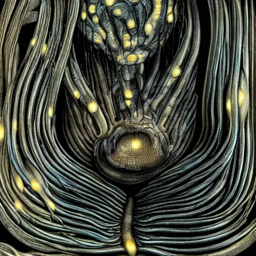 Prompt: beautiful roud mushroom cap - alien, bottom view, luminous lamellae are clearly visible, Giger, black background, hyper realism, epic composition