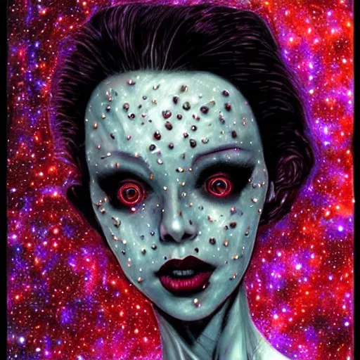 Image similar to queen vampire woman portrait made out of galaxies, beautiful, cyborg, tim burton comic book art, realistic