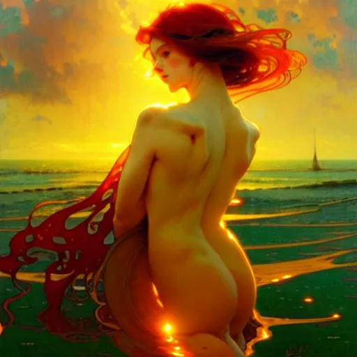 Image similar to sea of glossy liquid honey drops flowing like translucent amber, backlit, sunset, refracted lighting, art by collier, albert aublet, krenz cushart, artem demura, alphonse mucha