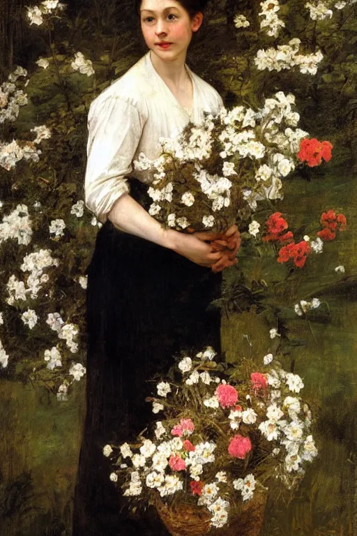 Image similar to Richard Schmid and caravaggio full length portrait painting of a young beautiful edwardian girl hold a large bouquet of flowers standing in a cottage garden