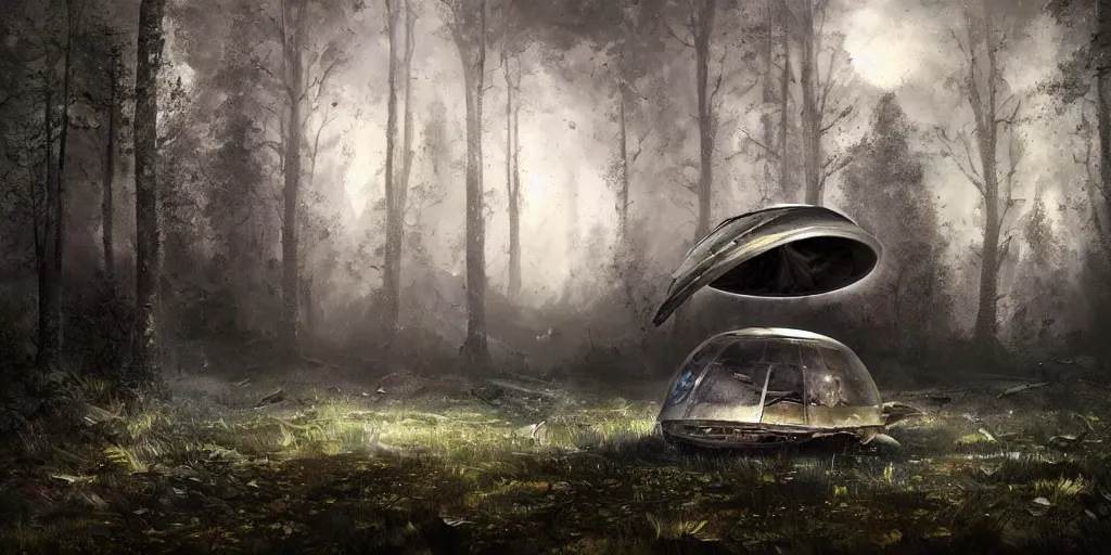 Image similar to abandoned crashed ufo in the forest, night, concept art, art station landscape, cinematic lighting hyper realistic painting, dark atmosphere