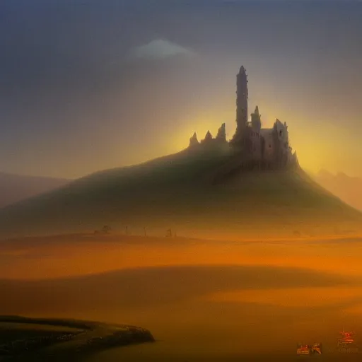 Prompt: A haunting castle stands over a misty orchard during sunrise. A matte painting in the style of Wayne Barlowe, by Zdzisław Beksiński.