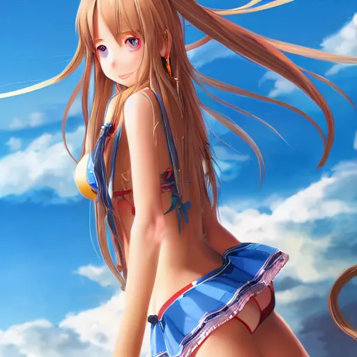 Image similar to a very beautiful young yuuki asuna playing guitar, full body, long wavy blond hair, sky blue eyes, full round face,, bikini, miniskirt, front view, mid - shot, highly detailed, cinematic wallpaper by stanley artgerm lau