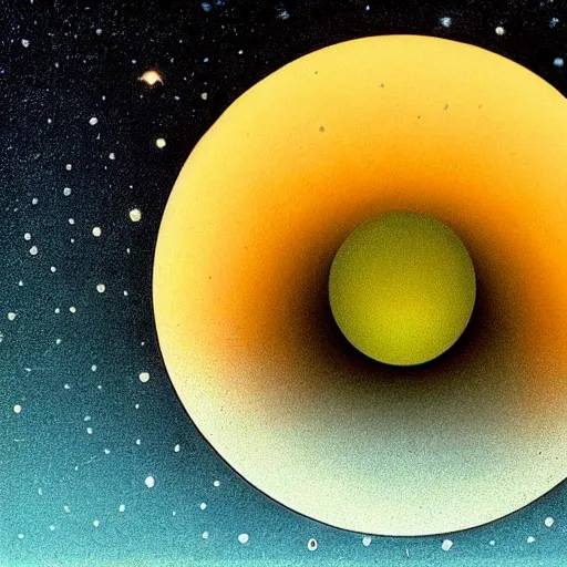 Prompt: by grant wood depressing, tender macro lens. a beautiful conceptual art of a black hole. this hole appears to be a portal to another dimension or reality, & it is emitting a bright, white light. there are also stars & other celestial objects around it.