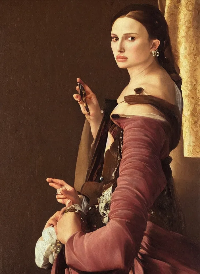 Image similar to a portrait of a Natalie Portman , beautiful clothes, oil painting in a renaissance style , very detailed, painted by Caravaggio.