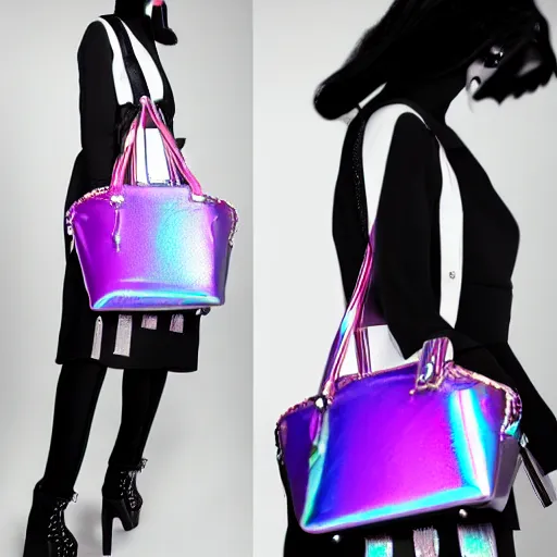 Image similar to a cool designer bag, iridescent color, fashion shooting, photorealistic symmetrical, studio photo