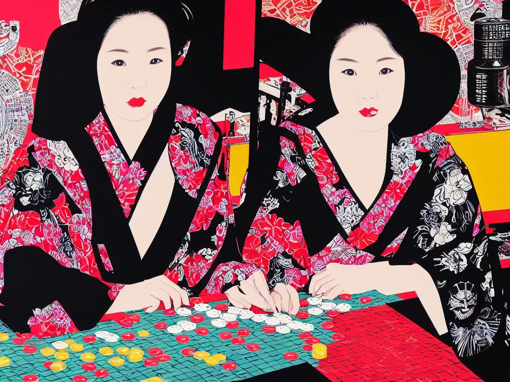 Image similar to hyperrealism composition of the detailed woman in a japanese kimono sitting at an extremely detailed poker table with darth vader, fireworks on the background, pop - art style, jacky tsai style, andy warhol style, acrylic on canvas