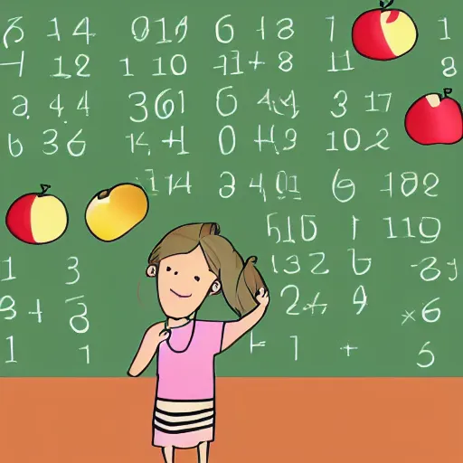 Prompt: an illustration of a child holding a bag of apples math problem