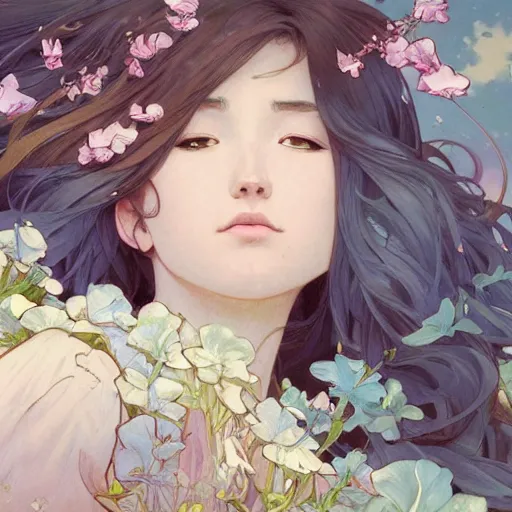 Prompt: looking up as flower petals flow gently as a breeze blows them from left to right on a cloudy day with blue skies, art by artgerm and greg rutkowski and magali villeneuve and alphonse mucha and rossdraws and makoto shinkai, d & d, fantasy, highly detailed, digital painting, trending on artstation, concept art, sharp focus, illustration