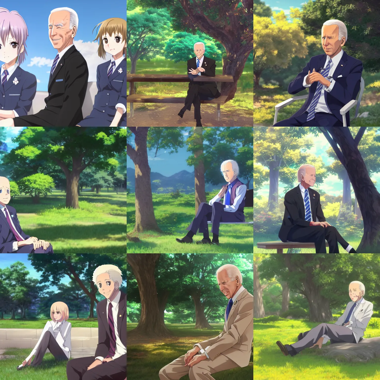 Prompt: photorealistic Joe Biden as a young anime girl sitting under a tree, anime key visual, digital art, anime screenshot, kyoto animation, makoto shinkai, trending on artstation