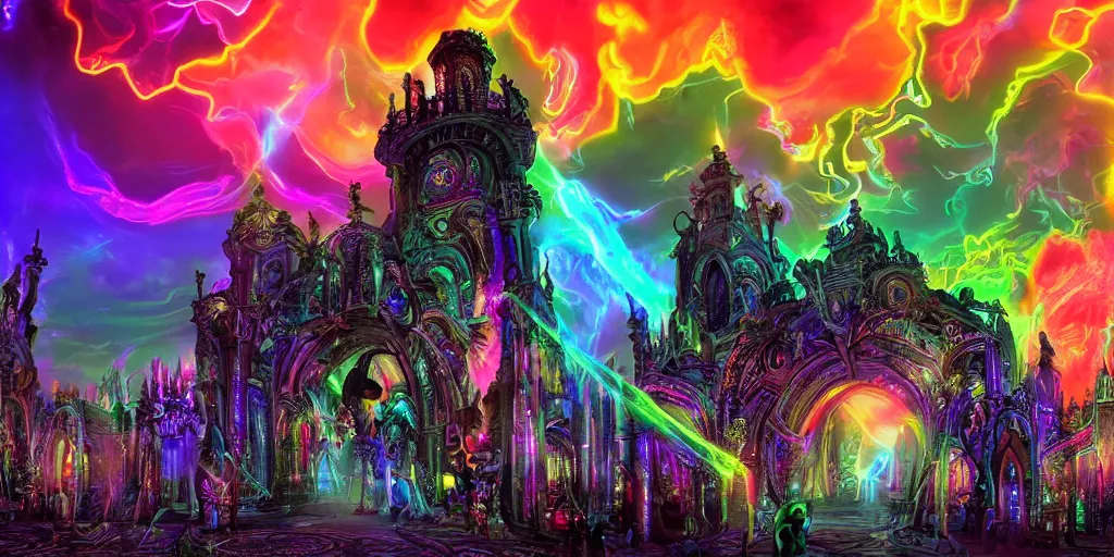 Prompt: [ palate ] [ electric energy ] [ dark and vibrant colors ] alien soul spirits congregating in front of an intricate giant gothic gateway, deity spirit at the gate, vibrant neon nebulous clouds, paisley pattern synapse clouds, symmetrical details, hyper realistic illustration, radiant light rays, photorealistic illustration, intricate and fine details, volumetric lighting, artstation