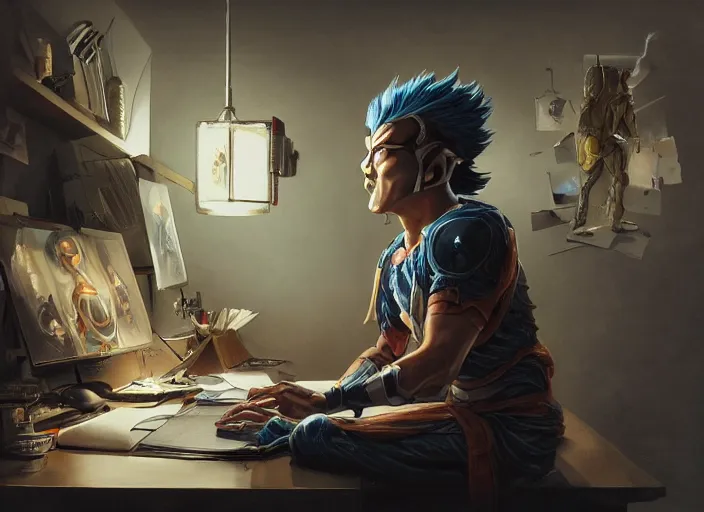 Image similar to an insanely detailed painting of an asian man wearing a homemade superhero costume, sitting at a desk, staring seriously at the computer and typing, in the style of peter mohrbacher, james jean, artgerm, dramatic lighting and composition, surreal background, octane render, pixar, trending on artstation, concept art, comic book, view from behind, 8 k