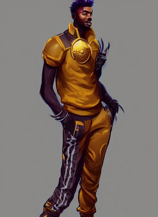 Prompt: a highly detailed illustration of attractive young african guy with flaming hair wearing tracksuit, dramatic standing pose, intricate, elegant, highly detailed, centered, digital painting, artstation, concept art, smooth, sharp focus, league of legends concept art, wlop