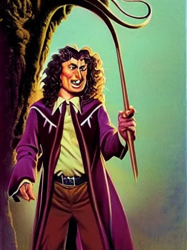 Prompt: weird al as a wizard, serious expression, in the style of frank frazetta