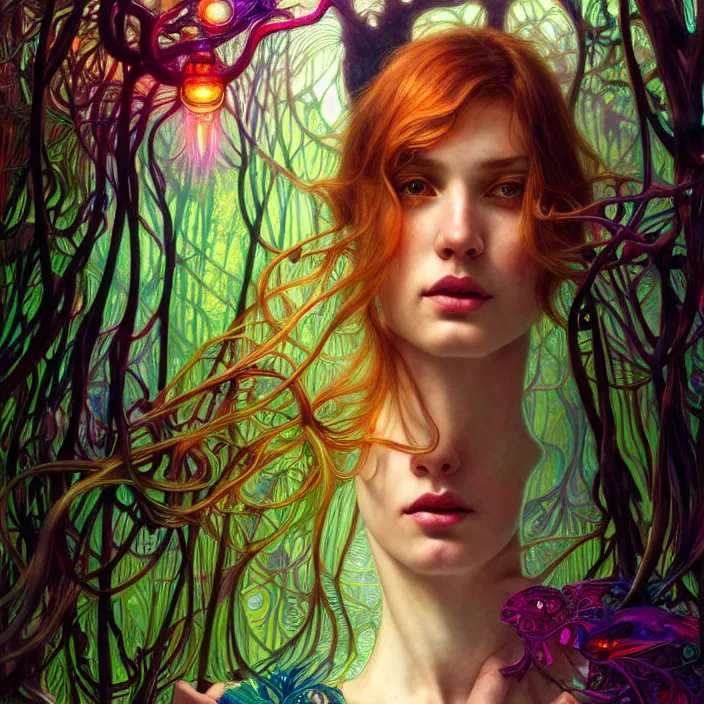 Prompt: bright psychedelic portrait of genius organic cyborg in an ancient forest, diffuse lighting, fantasy, intricate, elegant, highly detailed, lifelike, photorealistic, digital painting, artstation, illustration, concept art, smooth, sharp focus, art by John Collier and Albert Aublet and Krenz Cushart and Artem Demura and Alphonse Mucha