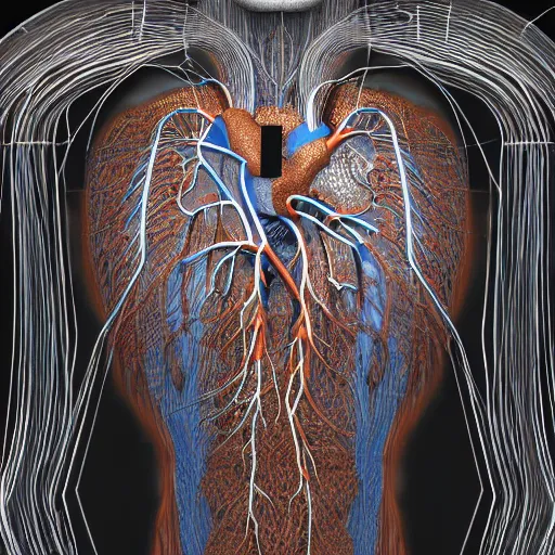 Prompt: a human heart, revealing wires and electronics, arteries, veins, human heart, anatomy, sci - fi, missing panels, intricate abstract upper body intricate artwork, concept art, octane render, deviantart, cinematic, key art, hyperrealism, iridescent accents, portrait photograph, nikon 3 5 mm, parts illustration