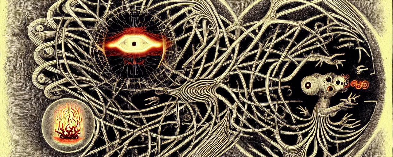 Image similar to a strange fire creature with endearing eyes radiates a unique canto'as above so below'while being ignited by the spirit of haeckel and robert fludd, breakthrough is iminent, glory be to the magic within, in honor of saturn, painted by ronny khalil