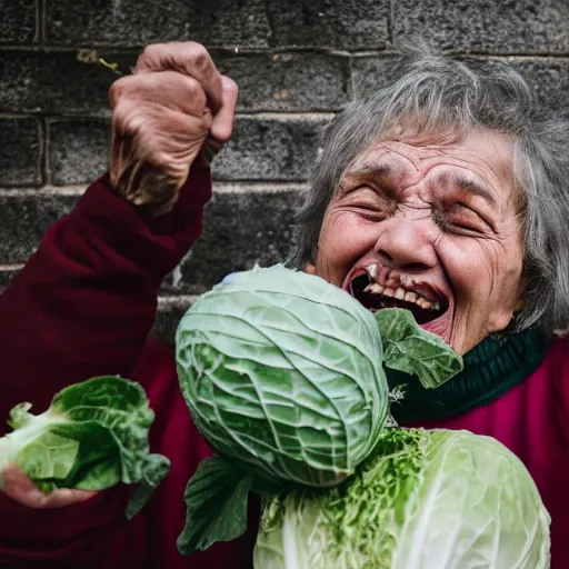 Prompt: elderly woman screaming at a cabbage, canon eos r 3, f / 1. 4, iso 2 0 0, 1 / 1 6 0 s, 8 k, raw, unedited, symmetrical balance, wide angle