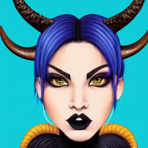 Prompt: illustrated portrait of ram-horned devil woman with blue bob hairstyle and hex #FFA500 colored skin and with solid black eyes wearing leather by rossdraws