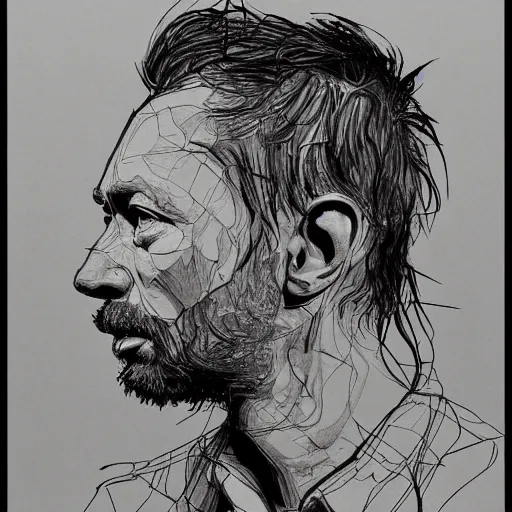 Prompt: a realistic yet scraggly portrait sketch of the side profile of a stern and sophisticated thom yorke, trending on artstation, intricate details, in the style of frank auerbach, in the style of sergio aragones, in the style of martin ansin, in the style of david aja, in the style of mattias adolfsson