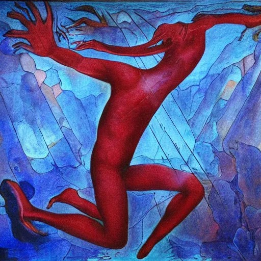 Prompt: a red persin inside a giant heard of blue people, symbolist, visionary, dreamlike